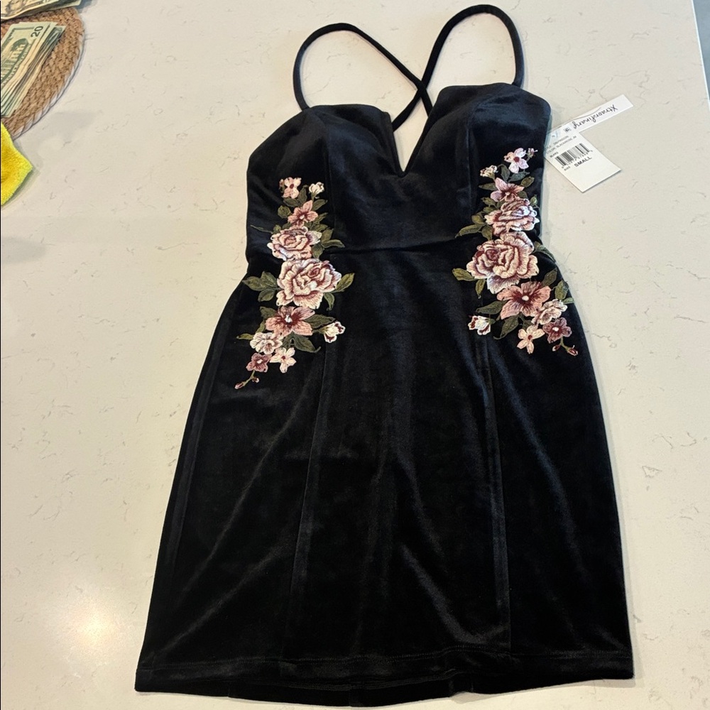 Xtraordinary Black Dress with Pink Floral Embroidery